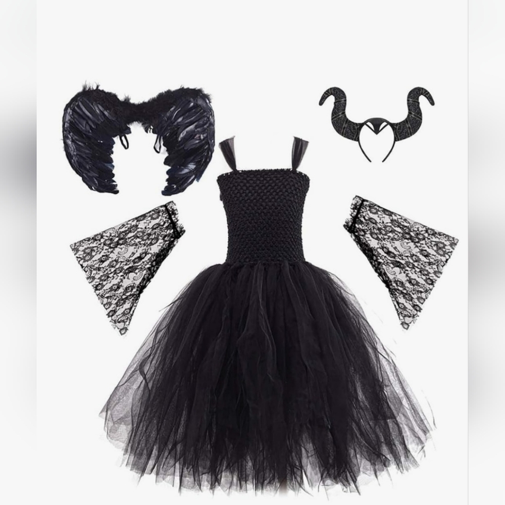 NEW  Enchanting Dark Angel Queen Kid Costume Whimsigoth Goth Tutu Wings Set 2-3T